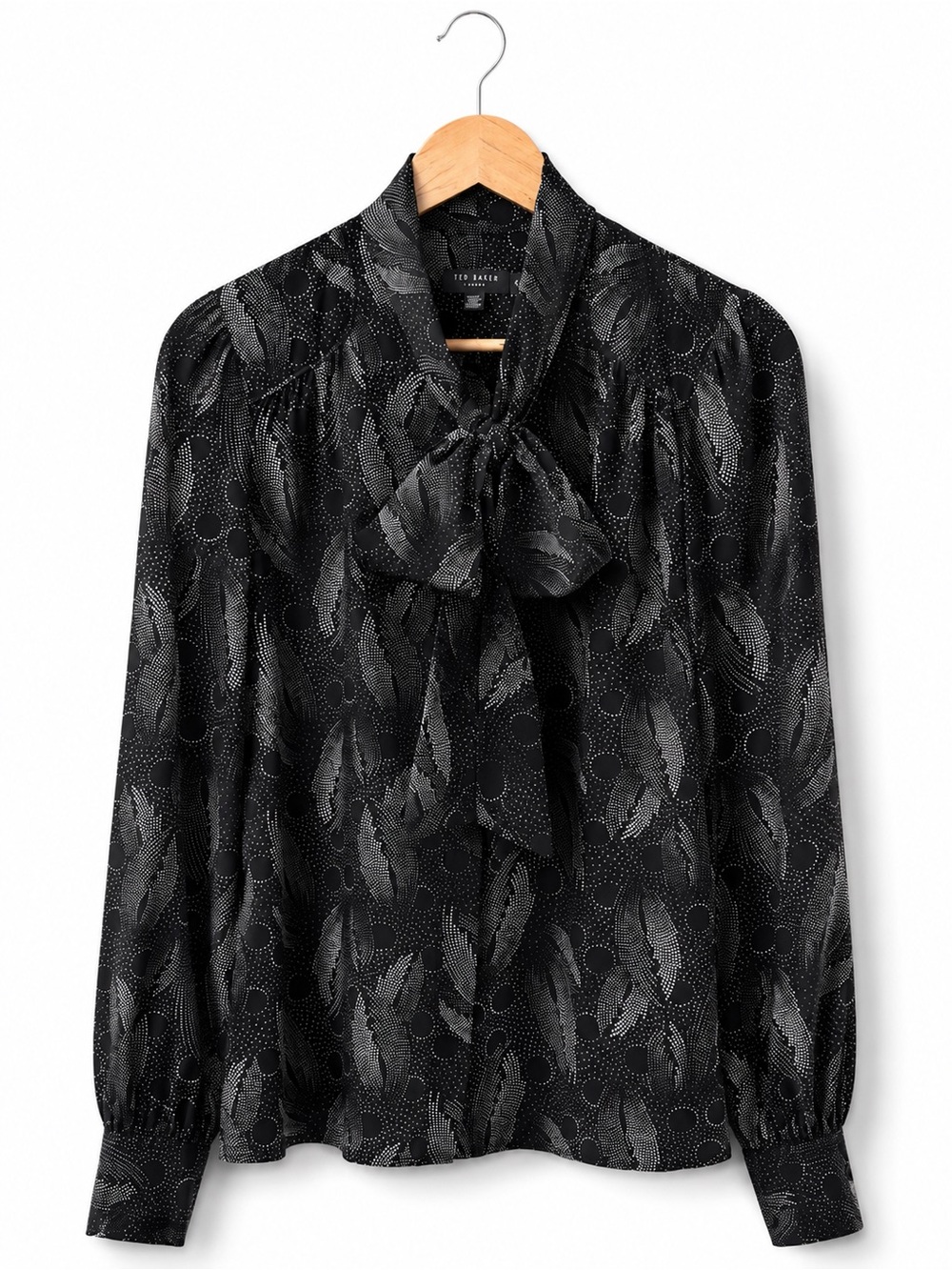 Ted Baker London 100% Silk Tie-Neck Feather Print Blouse Size 4